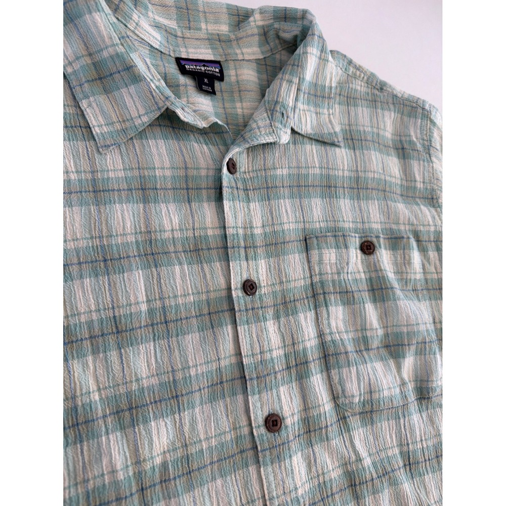 Patagonia Mens Go To Shirt XL Plaid Organic Cotton Short Sleeve Teal Outdoors